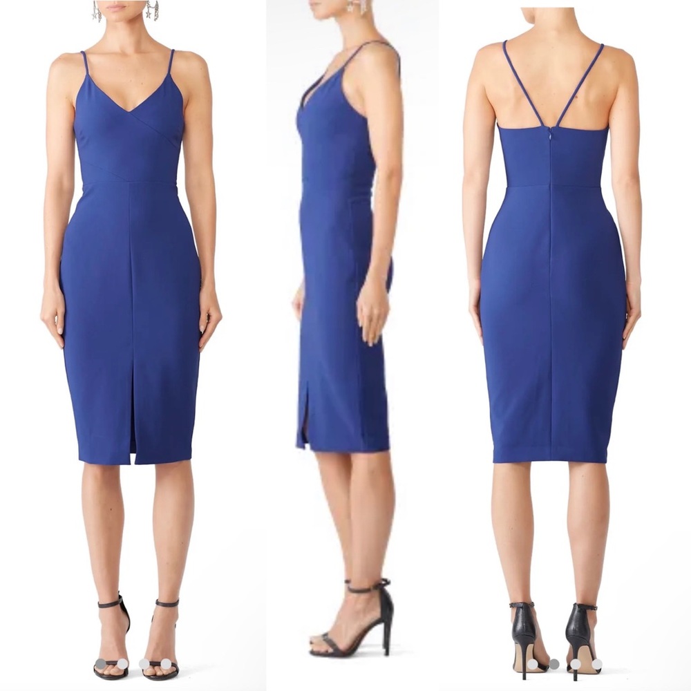 LIKELY Brooklyn Cocktail Dress Blue Midi Bodycon Strappy Sexy Front Slit Revolve - Picture 2 of 16